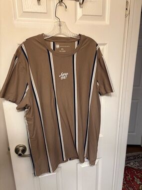 Aeropostale Brown Short Sleeve Tee with Navy & White Stripes